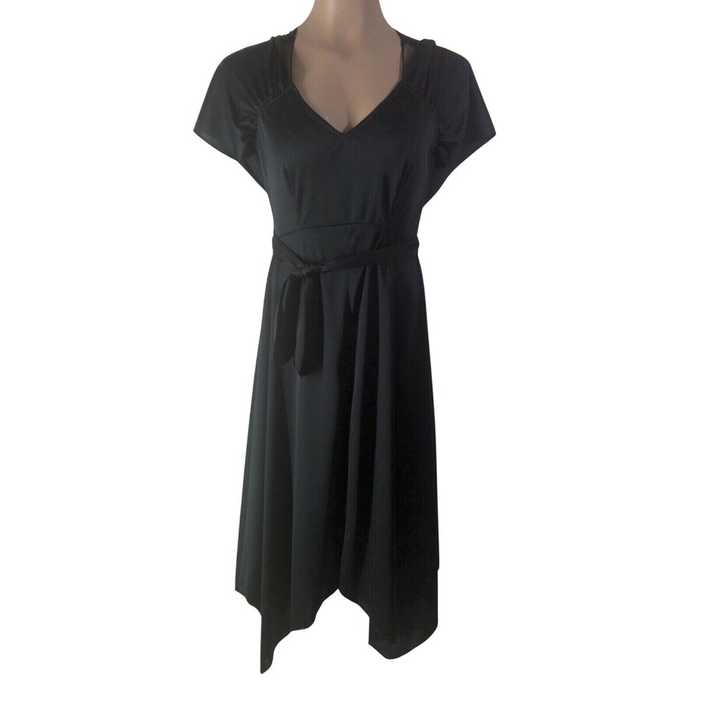 Vtg 70s Little Black Dress V Neck Sheer Mesh Neckline Asymmetrical Hem Size 9